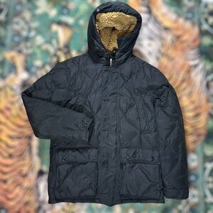 J Crew Quilted Down Puffer Jacket Coat Full Zip Sherpa Lined Hood Outdoor Black